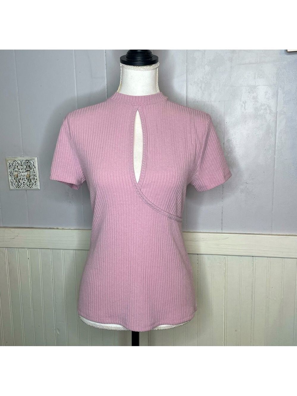 Vintage 90s ribbed top blush pink cut out front sweater blouse